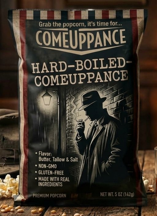 Hard-Boiled Comeuppance bag: a detective in a trench coat and fedora smoking under a streetlamp.