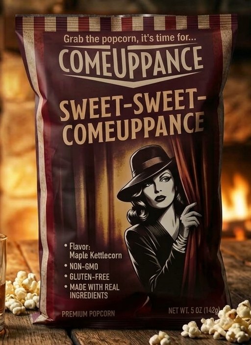 Sweet-Sweet Comeuppance bag: a woman in a wide-brimmed hat peeking out from behind a red theater curtain.