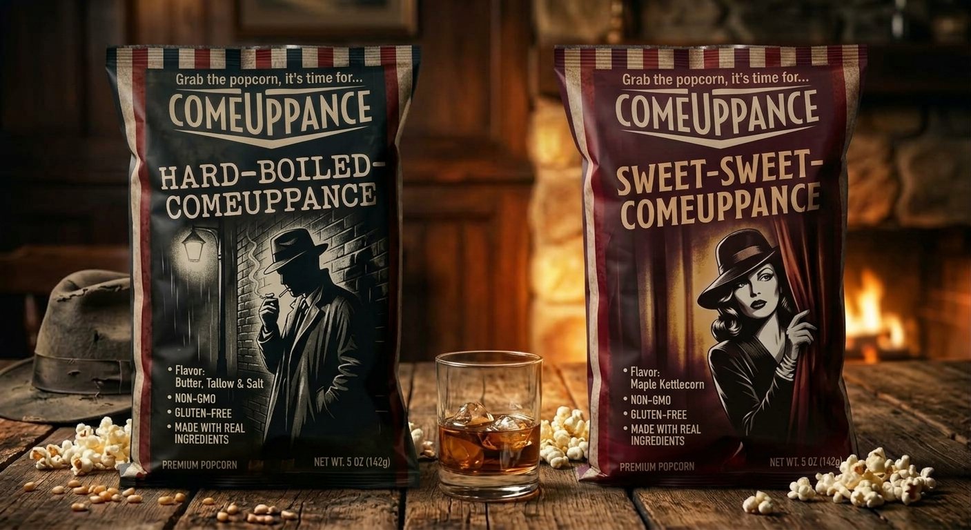 Two bags of Comeuppance popcorn on a wooden bar next to a glass of whiskey. Hard-Boiled Comeuppance shows a detective under a streetlamp. Sweet-Sweet Comeuppance shows a woman peeking out from a red curtain.